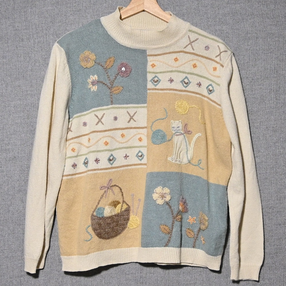 Alfred Dunner Sweater Womens Large Vintage Cat Floral Patchwork Hong Kong Cream